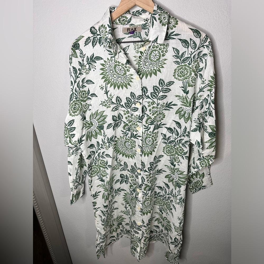 FLAX Linen Shirt Dress Floral Green  Small Oversized Resort Wear Preppy